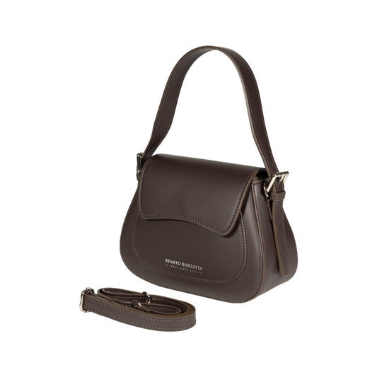 RB1030B | EMMA Women's Shoulder Bag with flap in Genuine Leather Made in Italy. Polished Silver metal hardware - Dark Head color - Dimensions: 24 x 18 x 9 cm + 14.5 (Handle light)-1