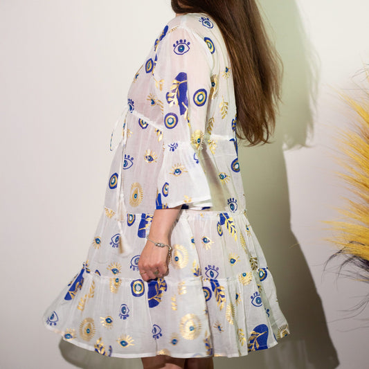 Nomad Sari-klänning (L/XL) - White, Blue & Gold Evil Eye Design