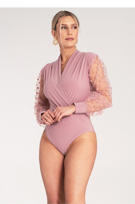 Anibe Lifestyle - Body med kuvertringning och tyllärmar med prickmönster