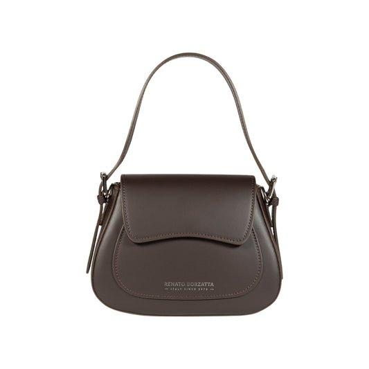 RB1030B | EMMA Women's Shoulder Bag with flap in Genuine Leather Made in Italy. Polished Silver metal hardware - Dark Head color - Dimensions: 24 x 18 x 9 cm + 14.5 (Handle light)-0