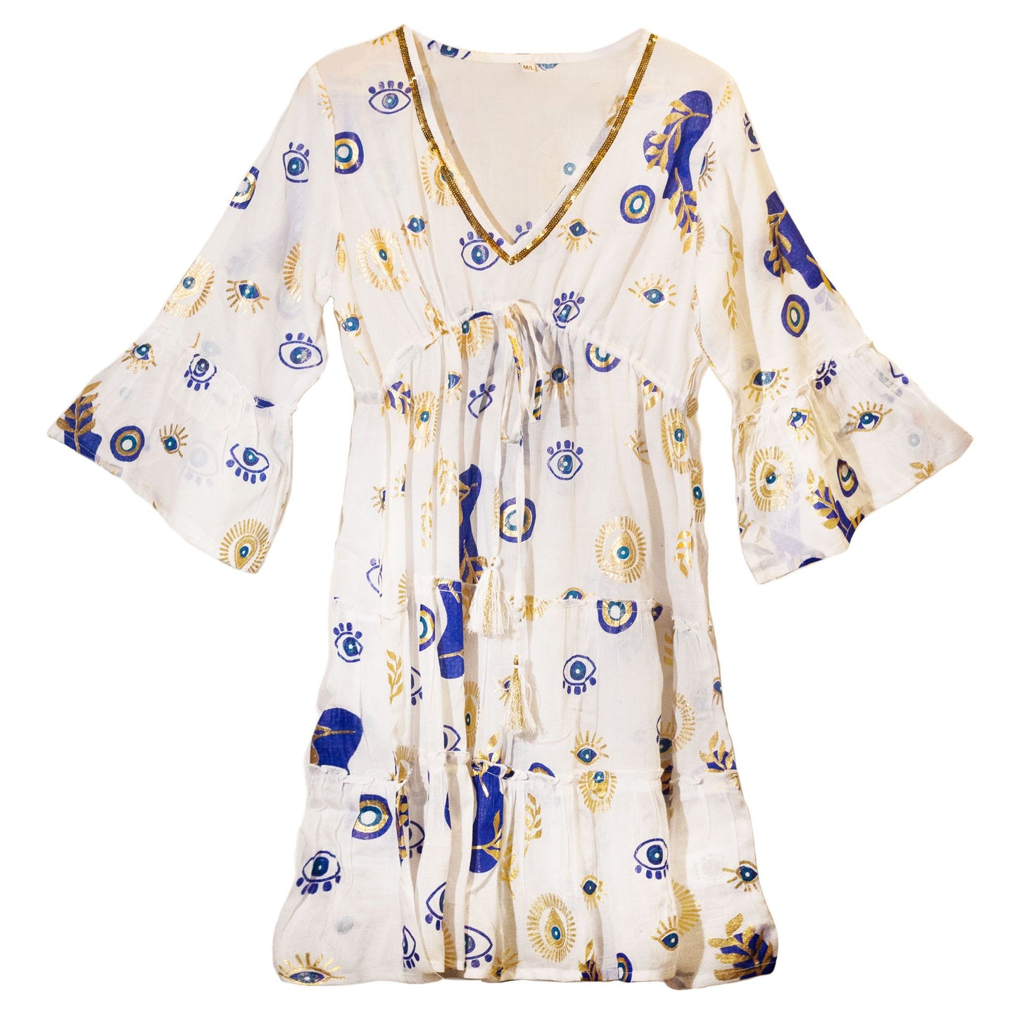 Nomad Sari-klänning (L/XL) - White, Blue & Gold Evil Eye Design