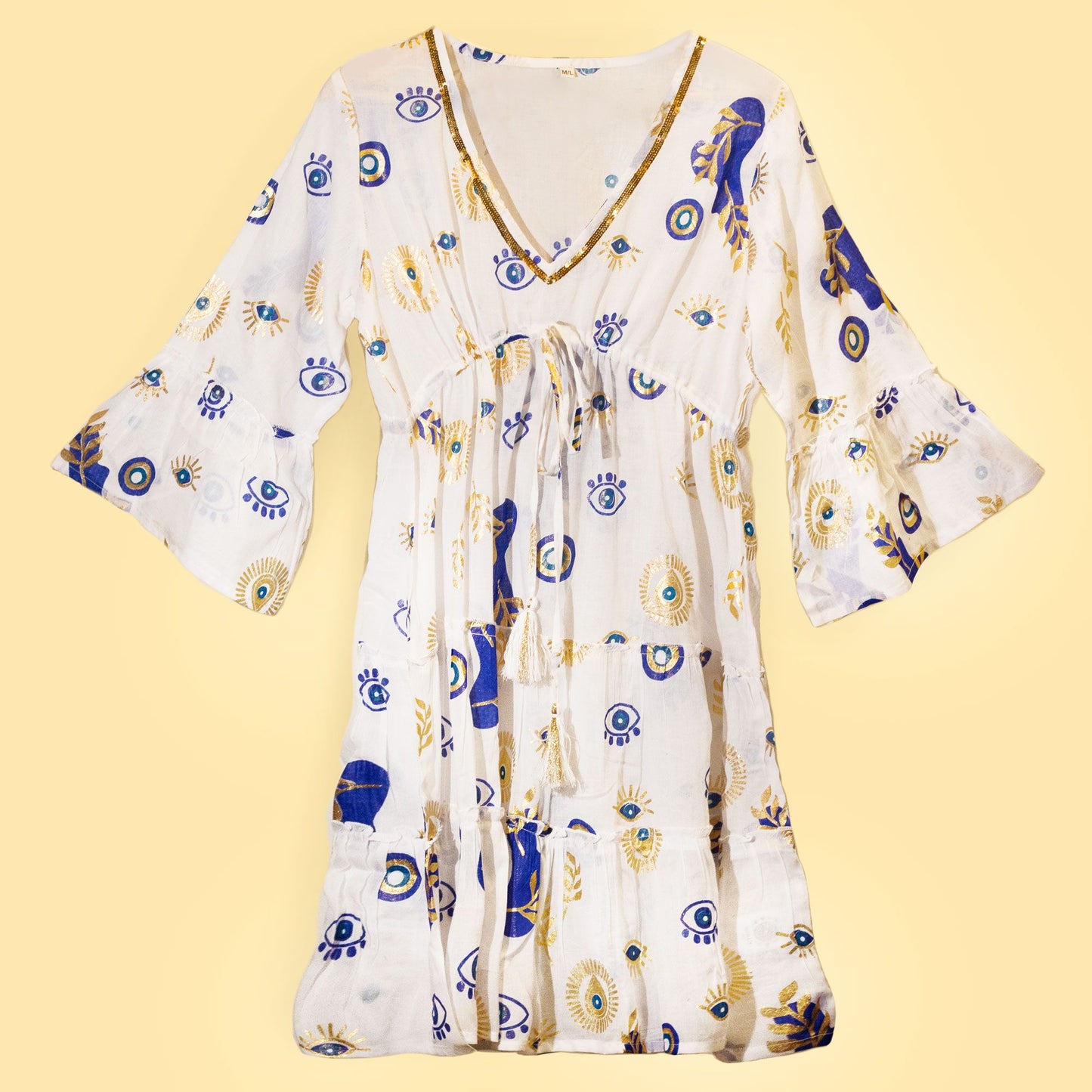 Nomad Sari-klänning (M/L) - White, Blue & Gold Evil Eye Design