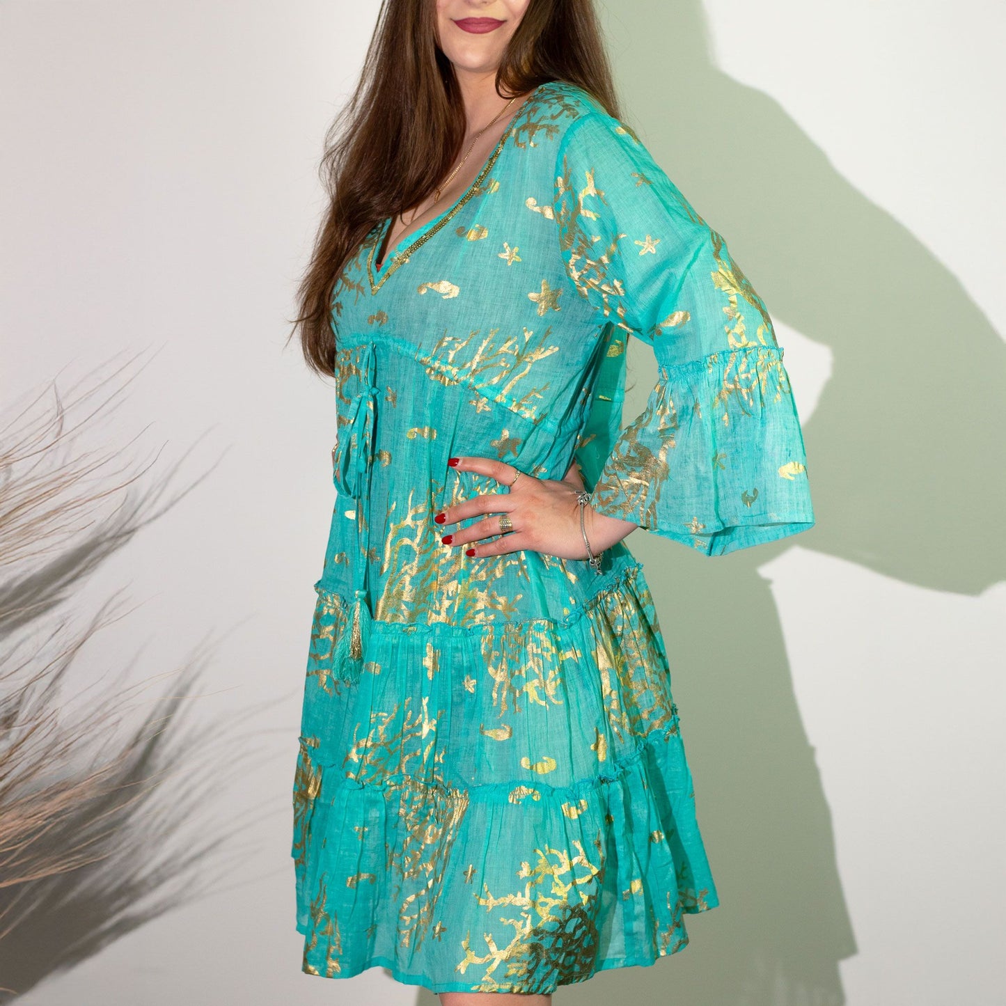 Nomad Sari-klänning (L/XL) - Turquoise & Gold Coral Design