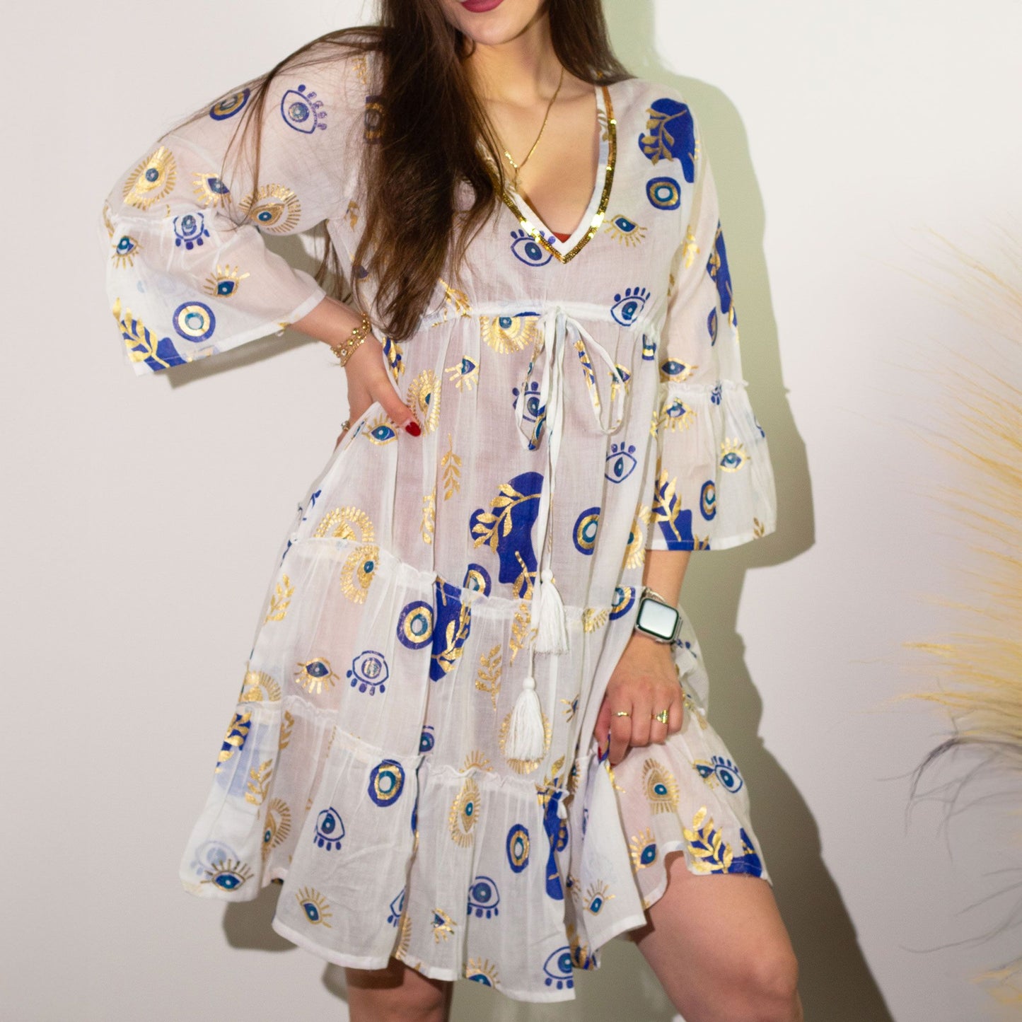 Nomad Sari-klänning (L/XL) - White, Blue & Gold Evil Eye Design