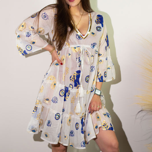 Nomad Sari-klänning (M/L) - White, Blue & Gold Evil Eye Design