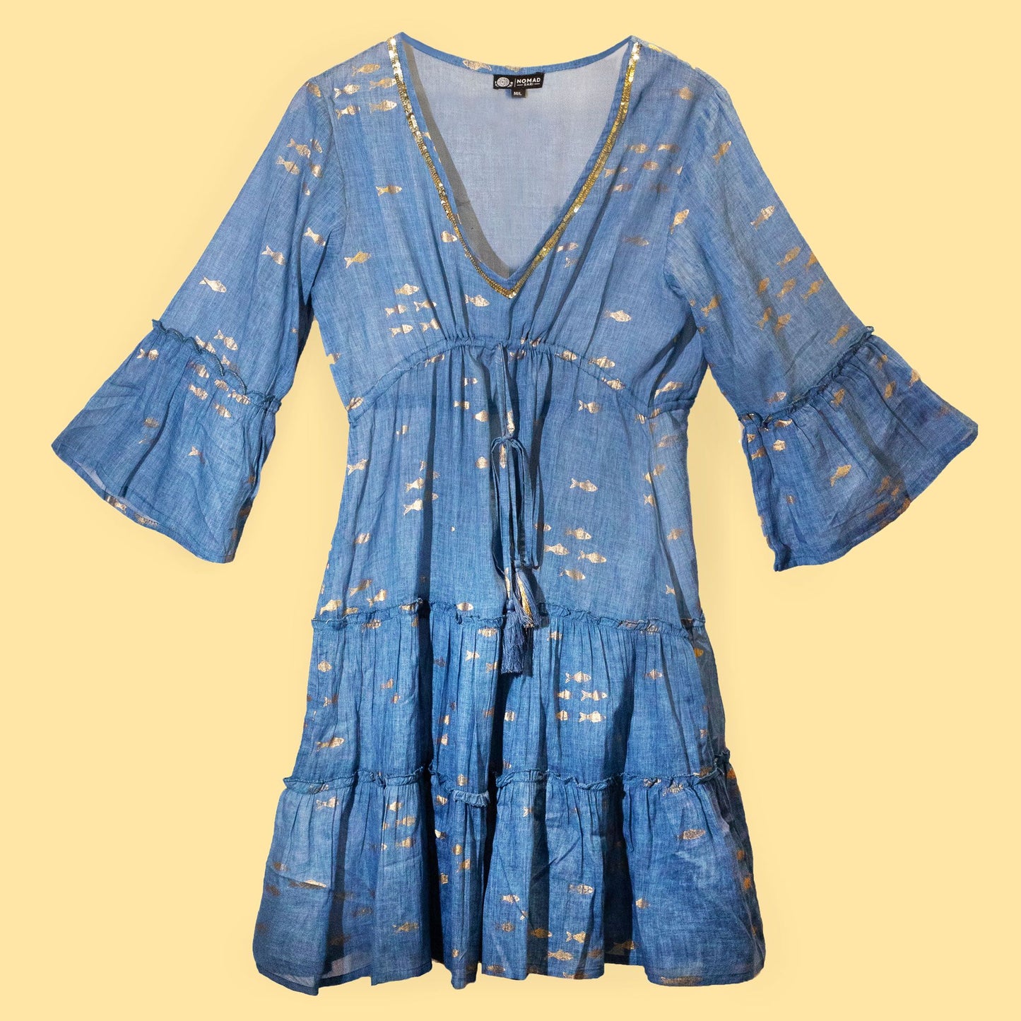 Nomad Sari-klänning (M/L) - Sea Blue & Gold Fish Design