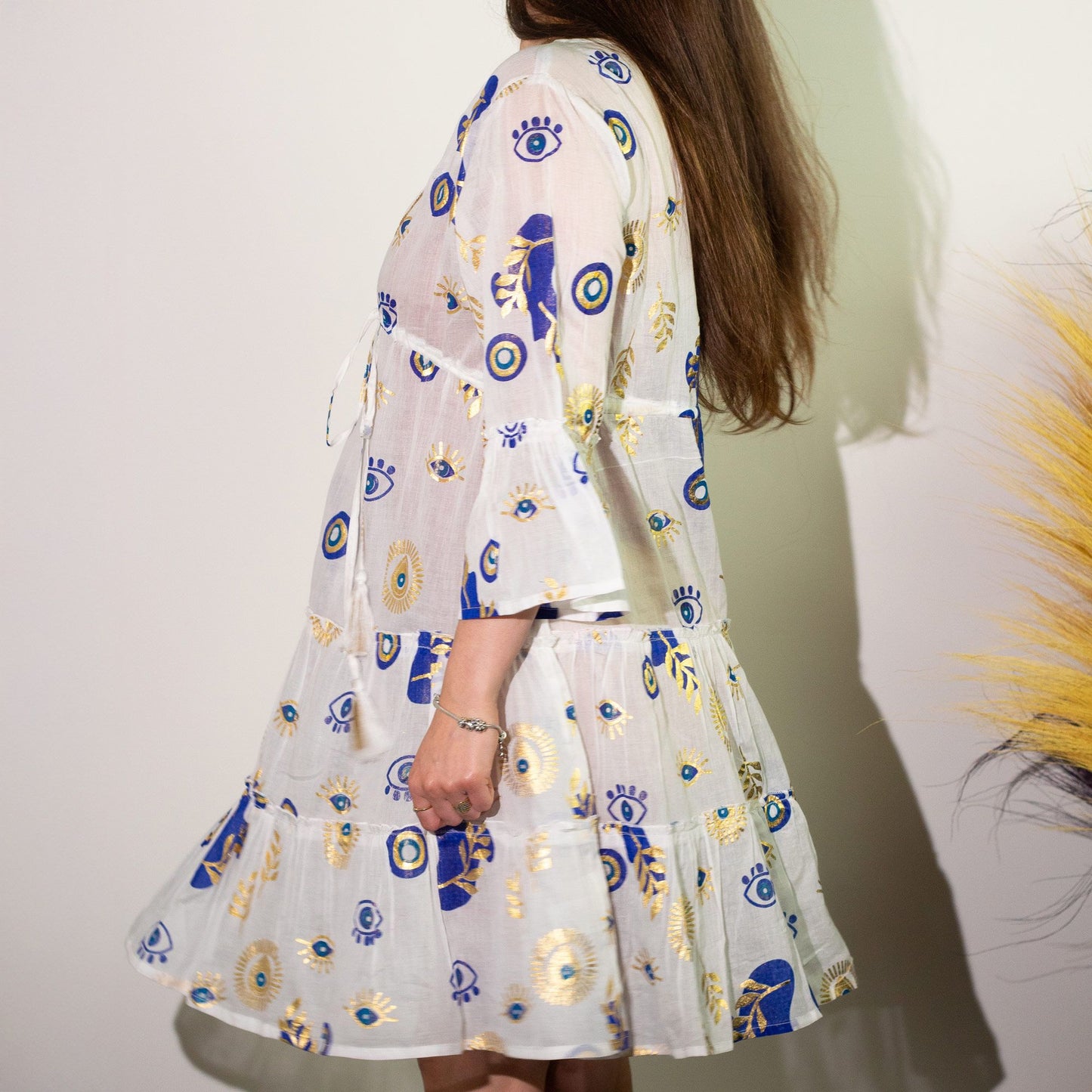 Nomad Sari-klänning (M/L) - White, Blue & Gold Evil Eye Design