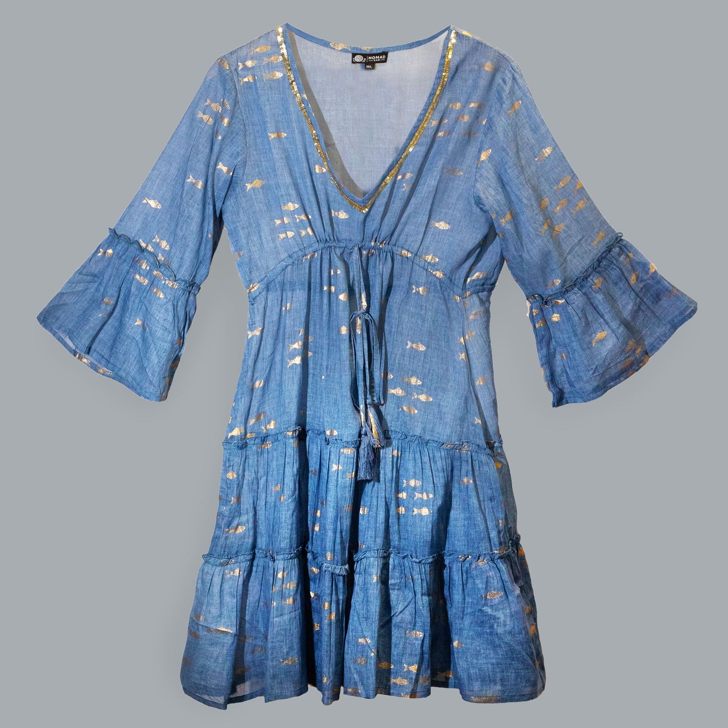 Nomad Sari-klänning (L/XL) - Sea Blue & Gold Fish Design