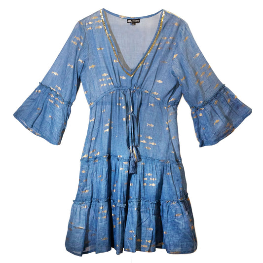 Nomad Sari-klänning (L/XL) - Sea Blue & Gold Fish Design