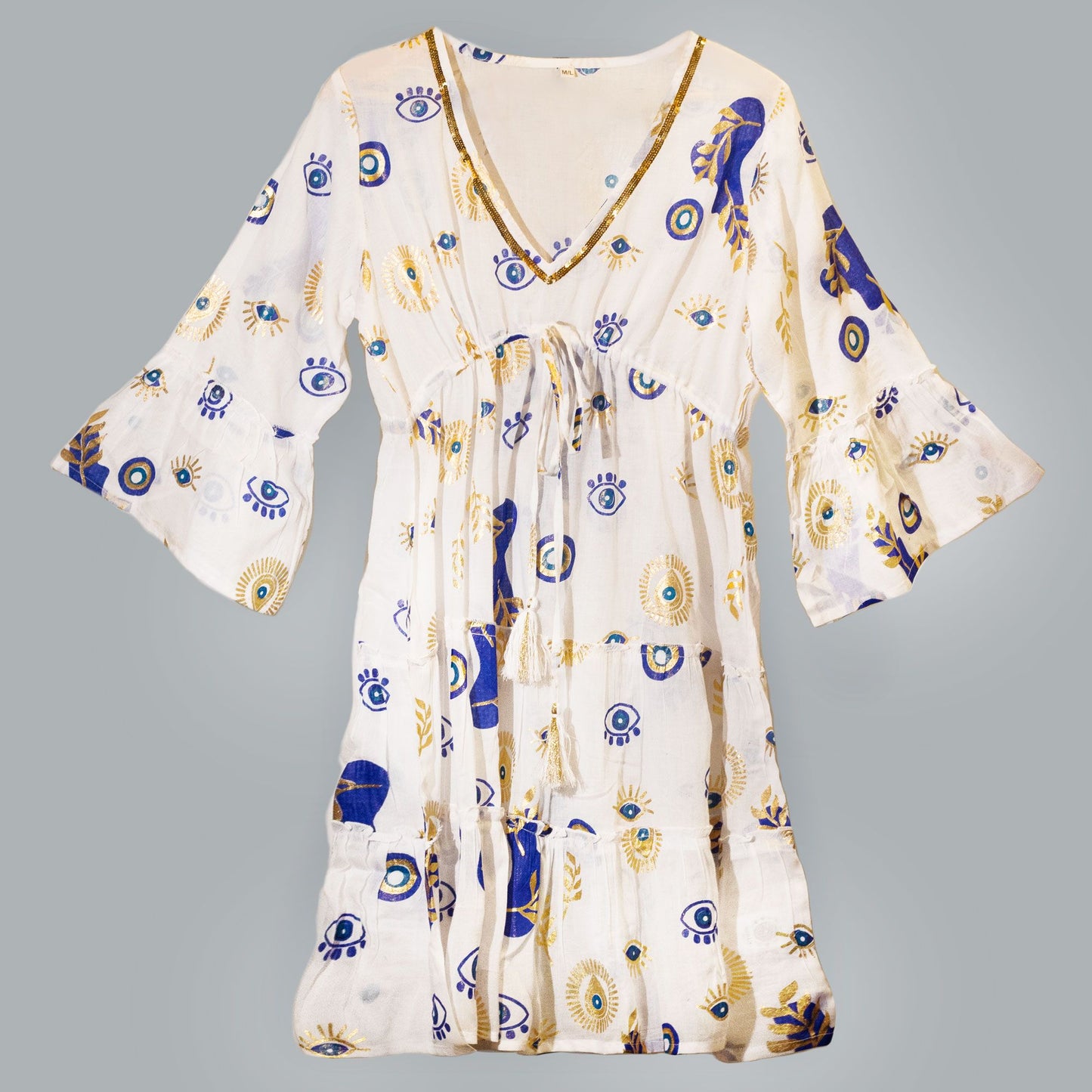 Nomad Sari-klänning (L/XL) - White, Blue & Gold Evil Eye Design