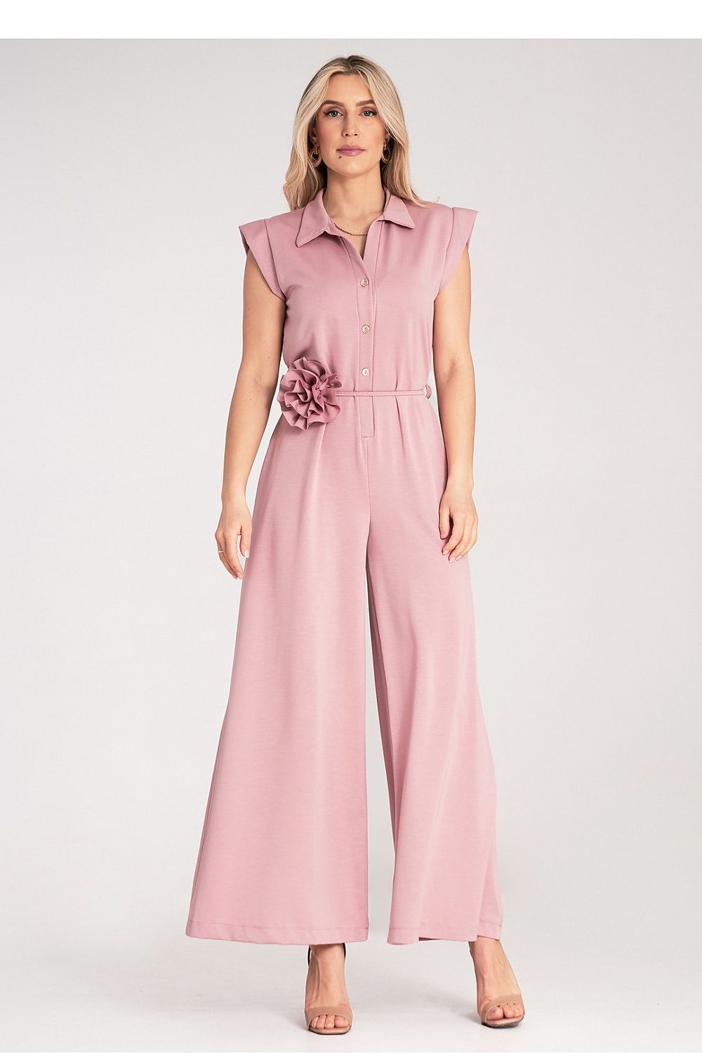 Anibe Lifestyle - Byxdress med krage, knappstängning och dekorativ blomma