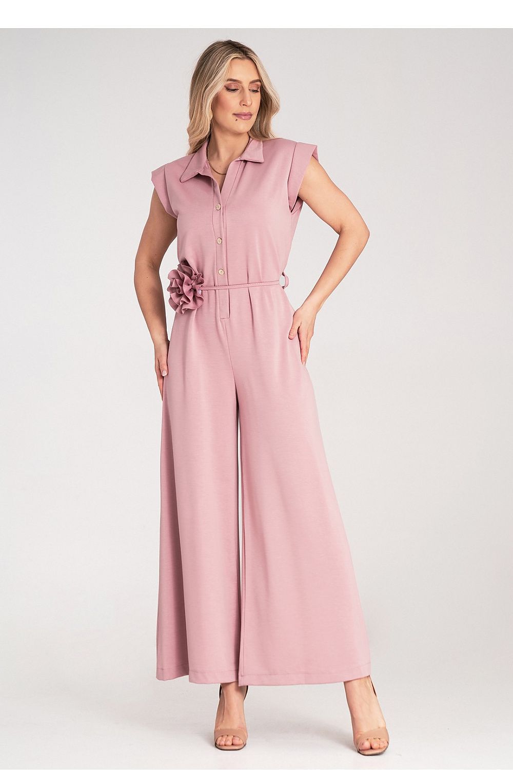 Anibe Lifestyle - Byxdress med krage, knappstängning och dekorativ blomma