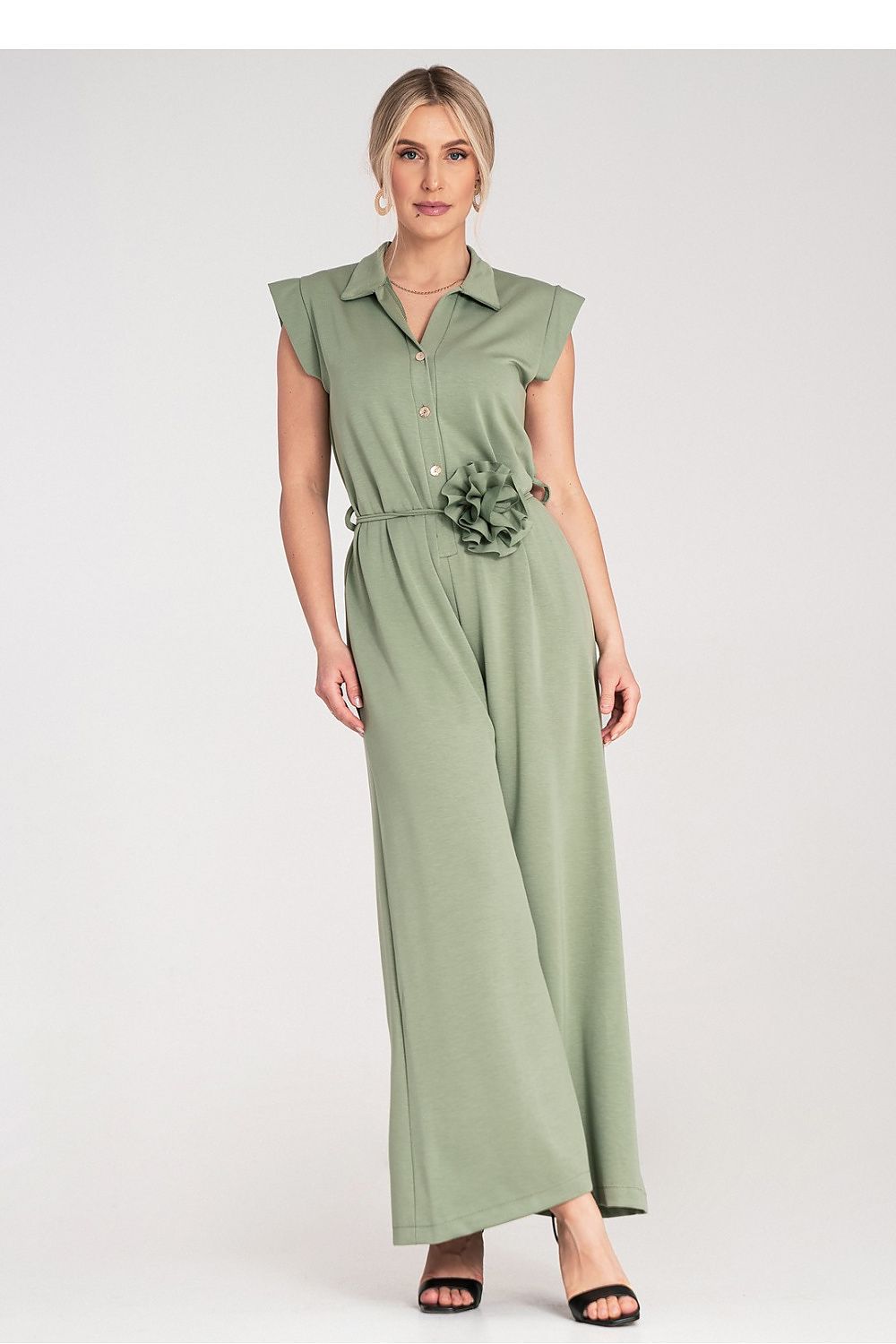 Anibe Lifestyle - Byxdress med krage, knappstängning och dekorativ blomma