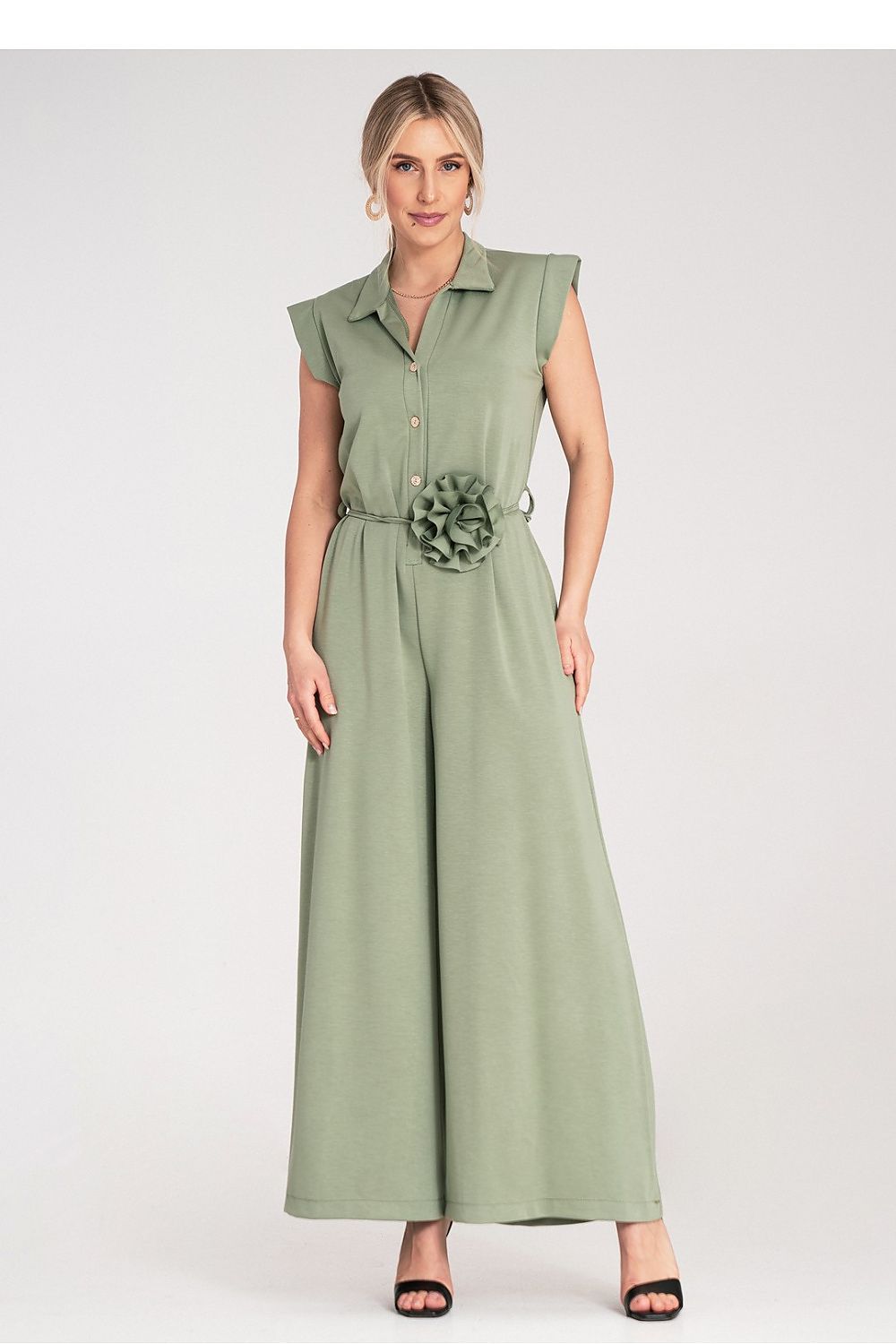 Anibe Lifestyle - Byxdress med krage, knappstängning och dekorativ blomma
