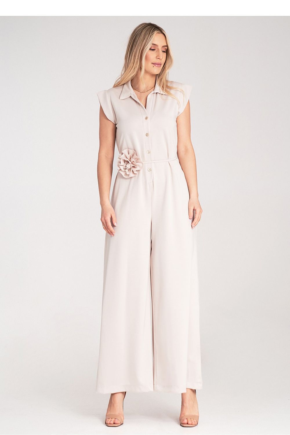 Anibe Lifestyle - Byxdress med krage, knappstängning och dekorativ blomma