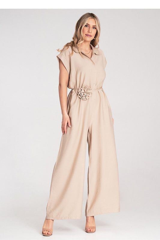 Anibe Lifestyle - Byxdress med krage, korta ärmar och blomknytband i midjan