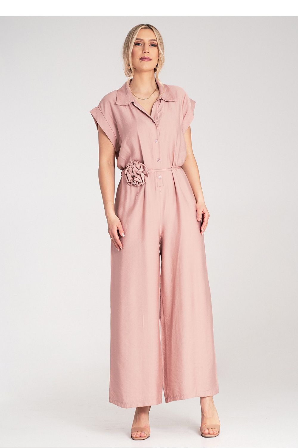 Anibe Lifestyle - Byxdress med krage, korta ärmar och blomknytband i midjan