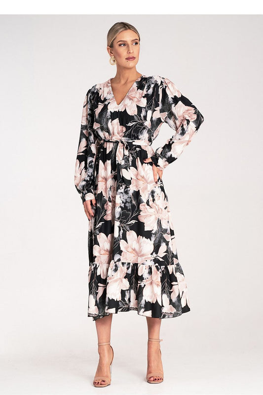 Anibe Lifestyle - Vadlång klänning med blommigt motiv och volang nedtill