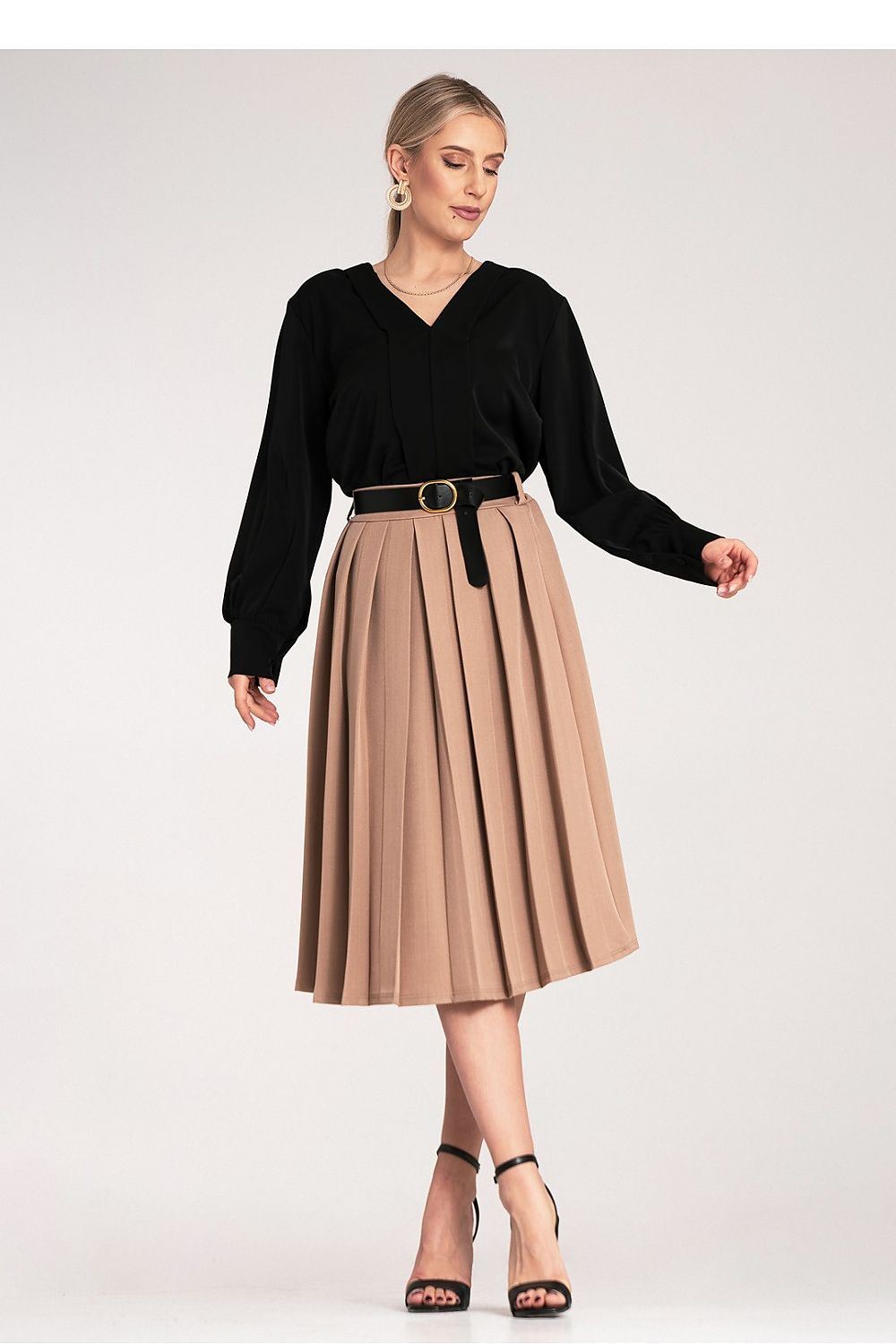 Anibe Lifestyle - Plisserad midikjol med high waist och skärp
