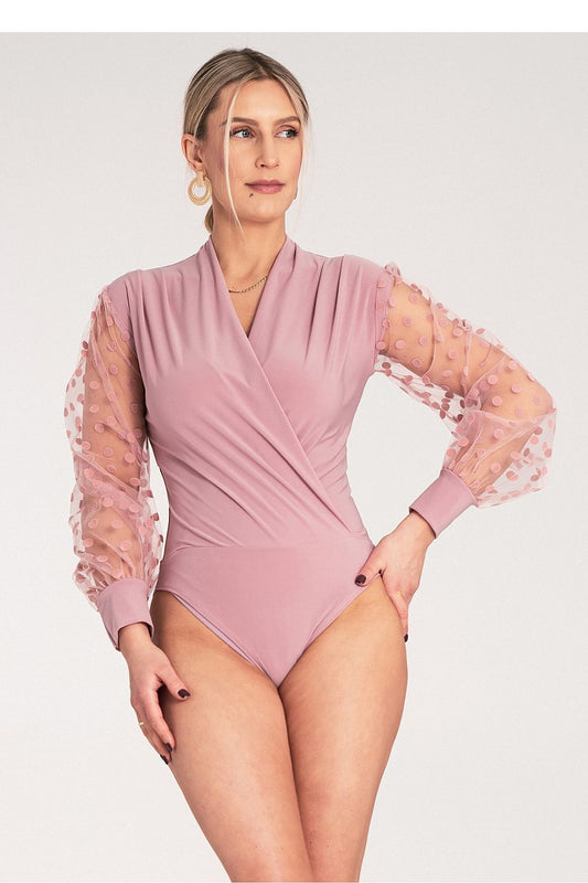 Anibe Lifestyle - Body med kuvertringning och tyllärmar med prickmönster