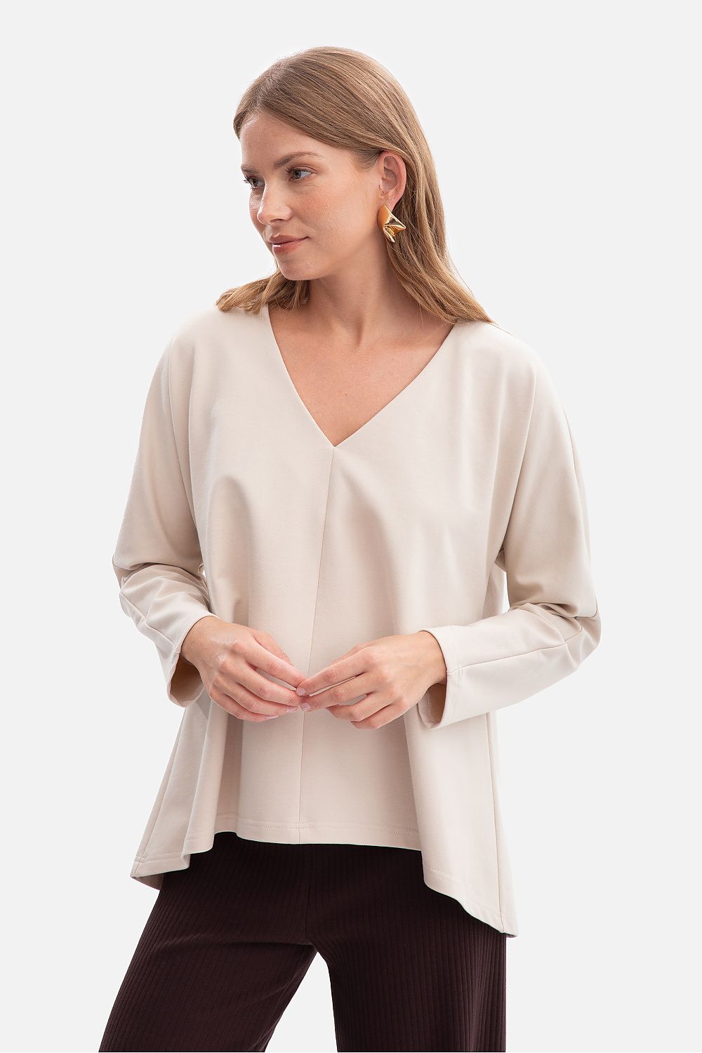 Anibe Lifestyle - Blus med V-ringning, lång ärm och utsvängd nederdel