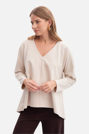 Anibe Lifestyle - Blus med V-ringning, lång ärm och utsvängd nederdel