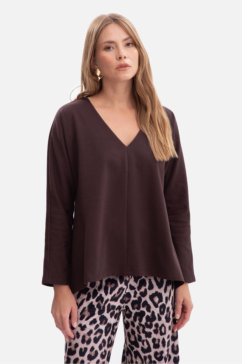 Anibe Lifestyle - Blus med V-ringning, lång ärm och utsvängd nederdel