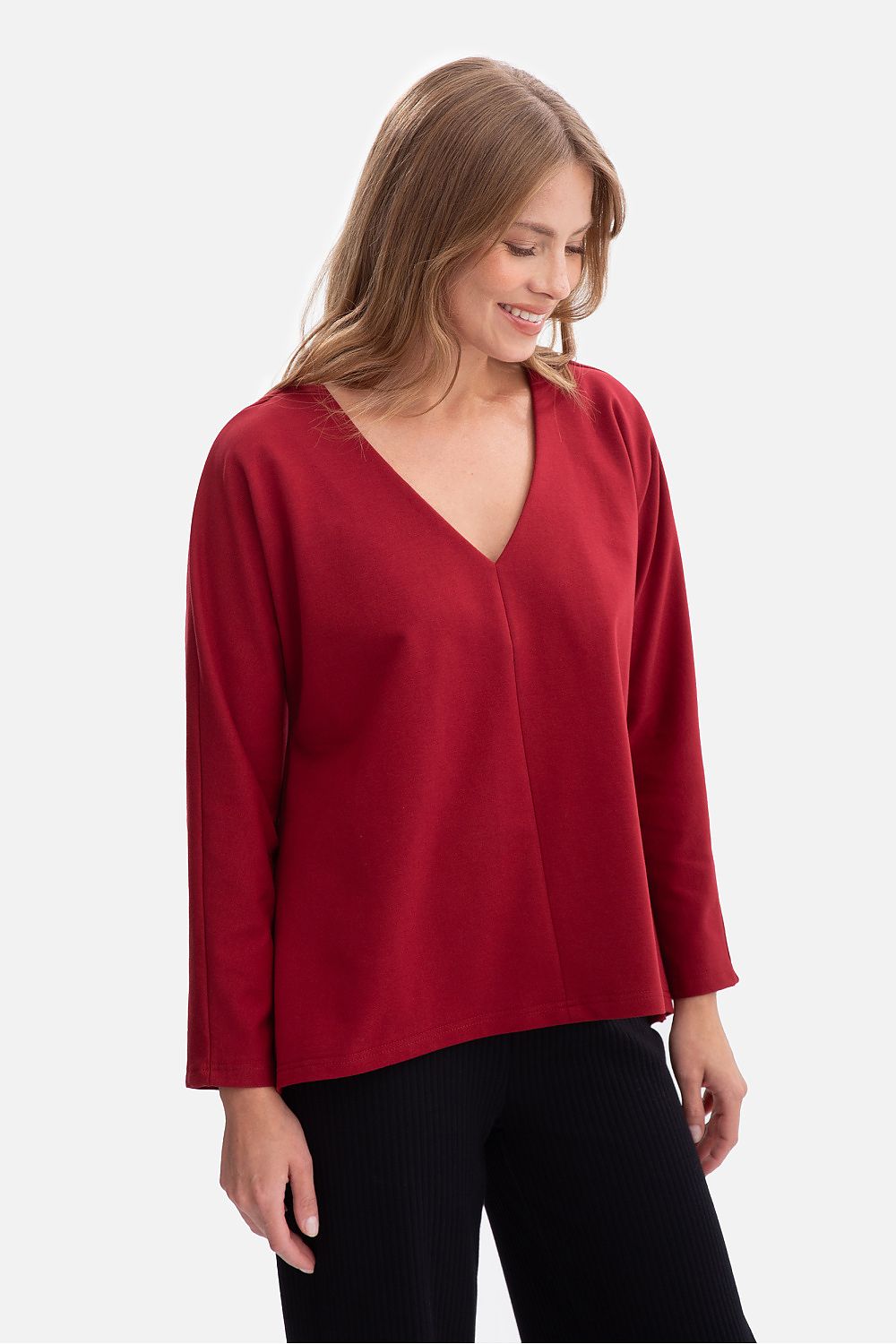 Anibe Lifestyle - Blus med V-ringning, lång ärm och utsvängd nederdel