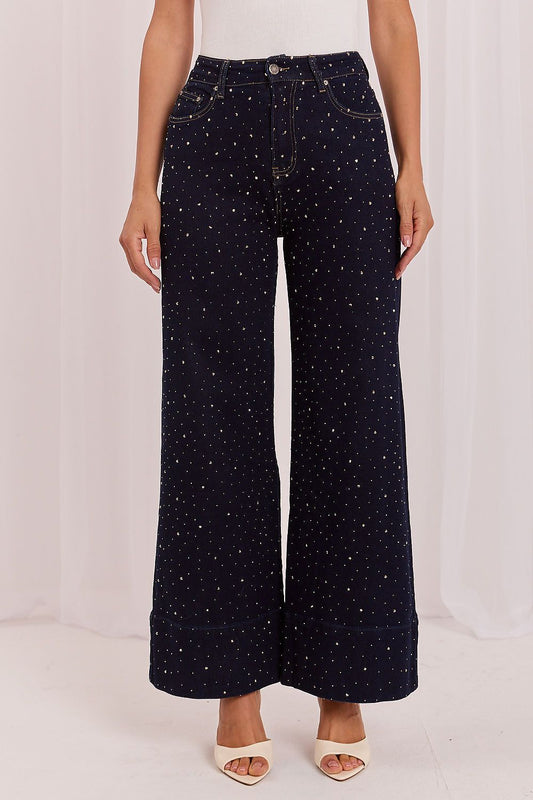 Anibe Lifestyle - Wide-leg jeans med strassapplikation fram