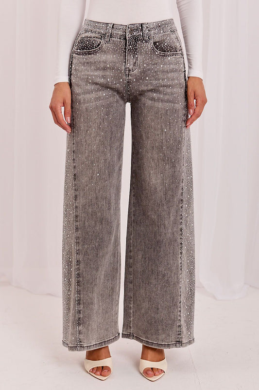 Anibe Lifestyle - Wide-leg jeans med strassdekorationer