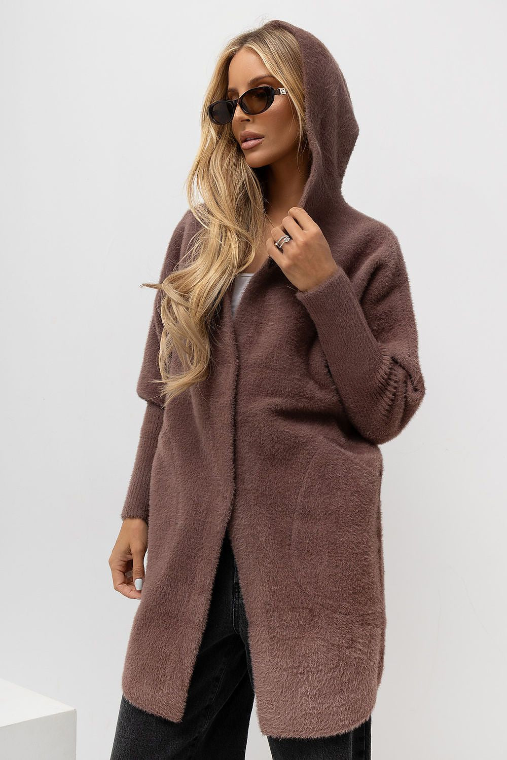 Anibe Lifestyle - Övergångskappa i ull och angora med huva och fickor