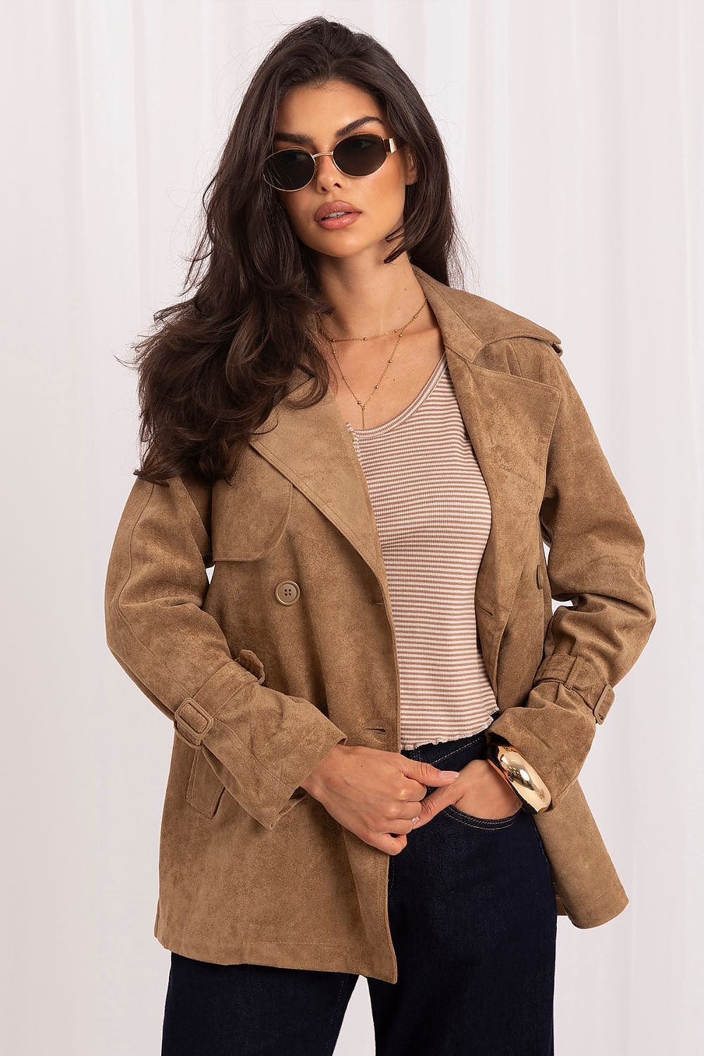 Anibe Lifestyle - Kort dubbelknäppt kappa i mockaimitation