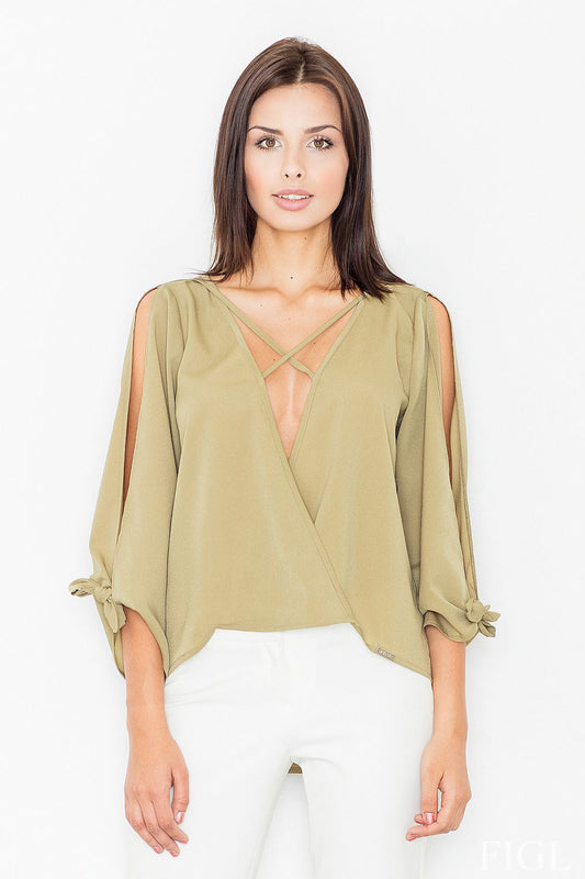 Anibe Lifestyle - Chic blus med djup V-ringning och öppna ärmar