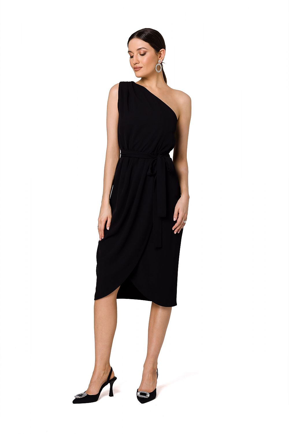 Anibe Lifestyle - Draperad one shoulder-klänning med omlottkjol och knytskärp