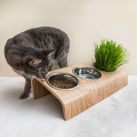 Trästativ med 3 rostfria skålar för katt och hund matstation-0